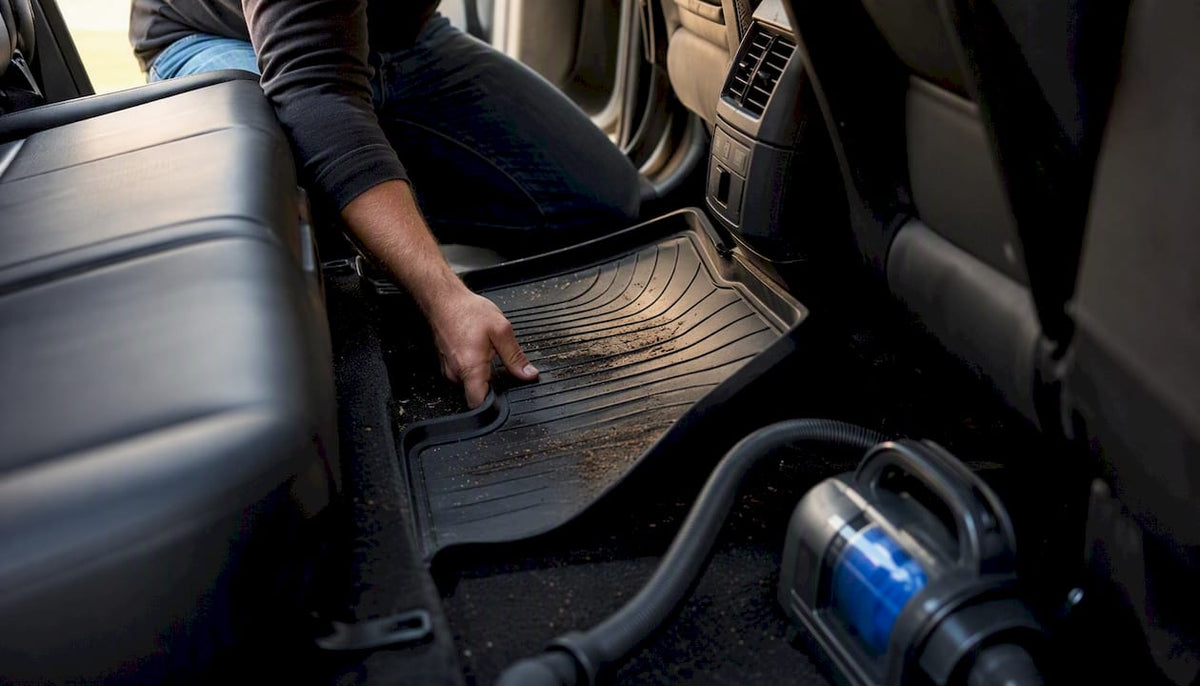 Hands fitting all-weather floor mat in vehicle