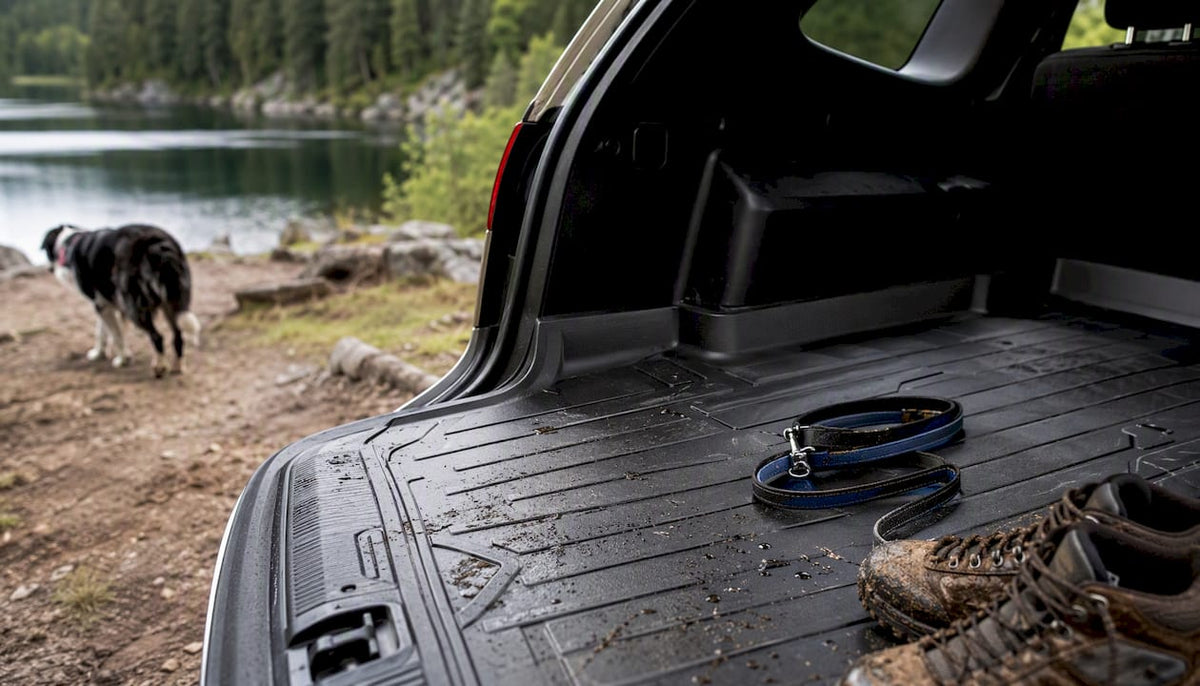 Wet dog paw on waterproof cargo liner