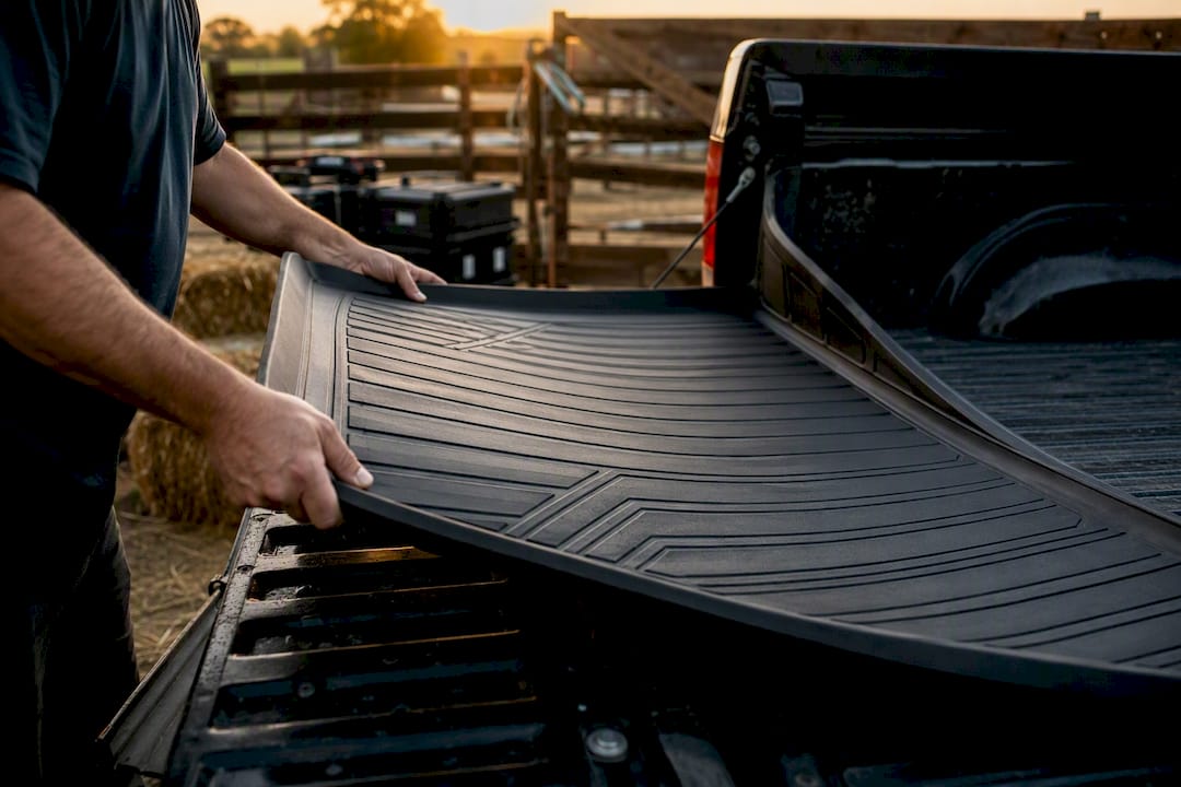 Hands installing TPE bed mat in truck bed