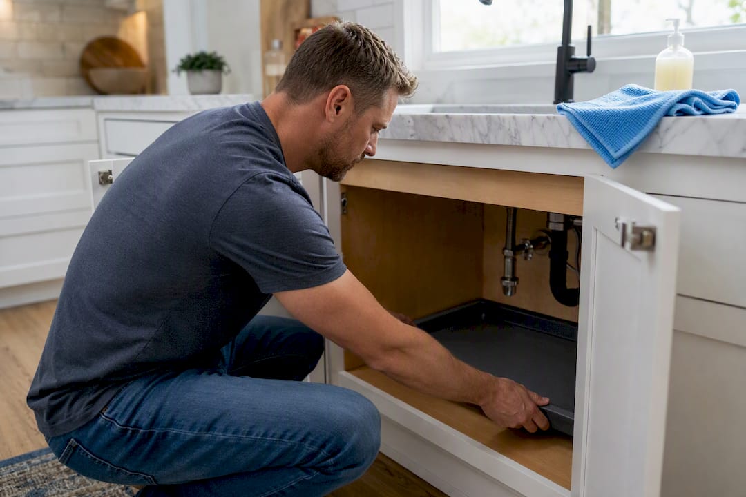 Fitting custom under sink tray liner inside cabinet
