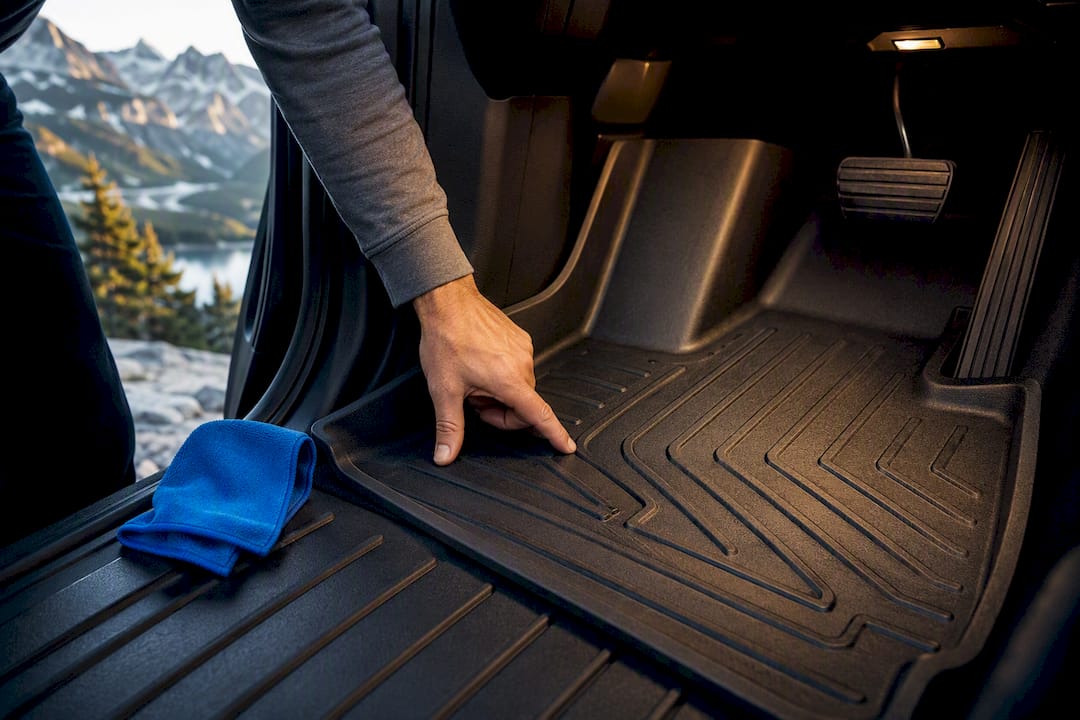 Hand checking fit of an all-weather floor liner