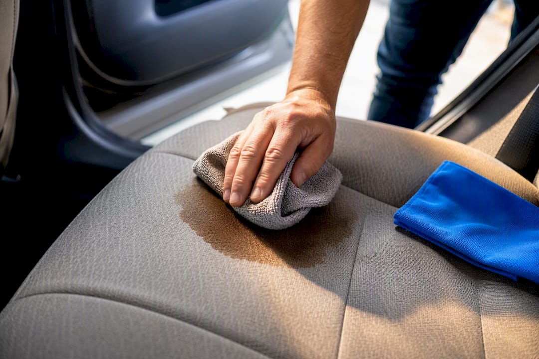 Hands blotting coffee from car upholstery