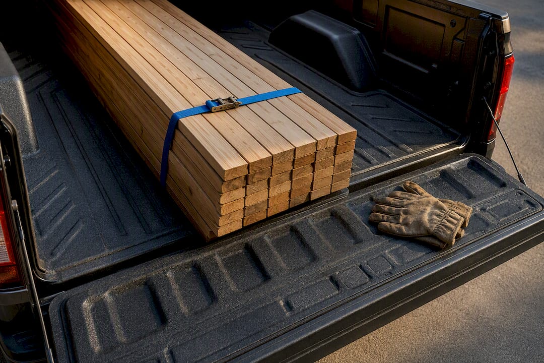 Protected truck bed carrying secured lumber