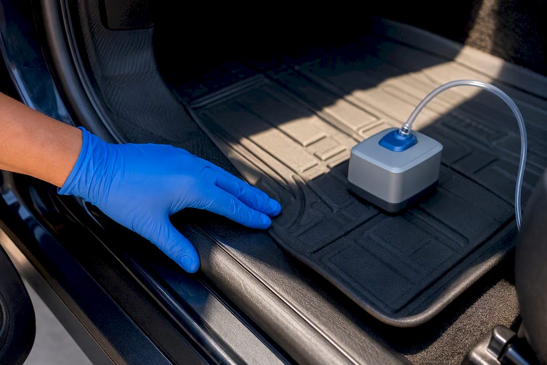 Close-up of car mat in hot cabin