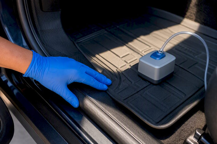 Close-up of car mat in hot cabin