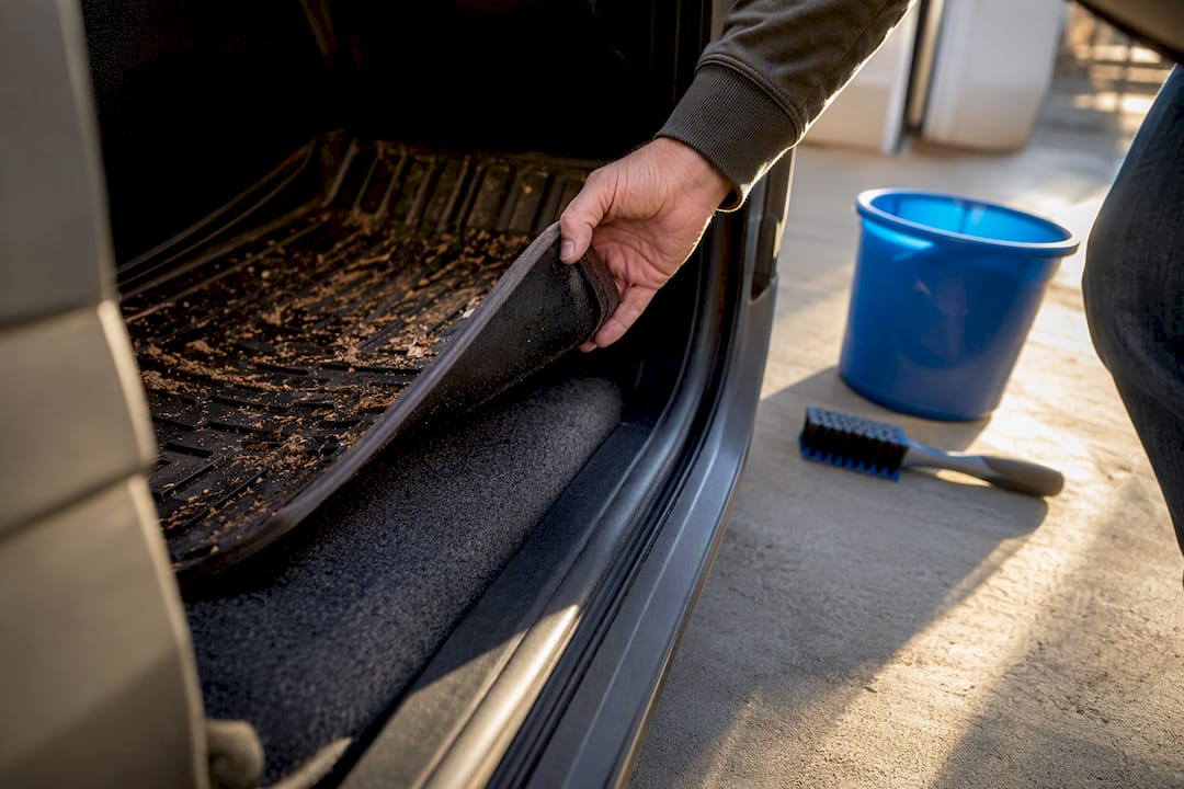 Driver lifting muddy liner over clean carpet