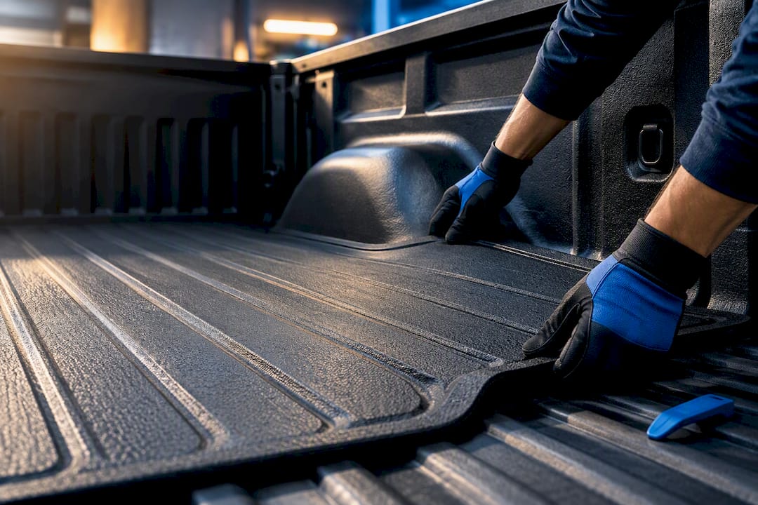 Hands fitting a custom truck bed mat