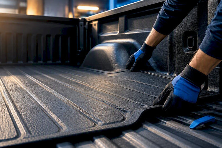 Hands fitting a custom truck bed mat