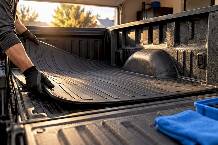 Hands installing custom TPE bed mat