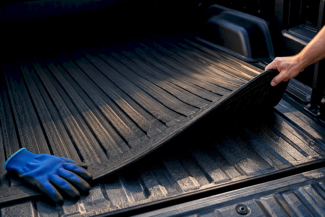 Removable bed mat revealing truck bed surface