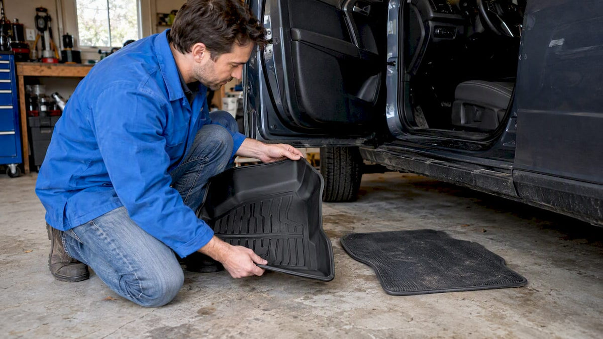 Owner comparing two vehicle floor mat options