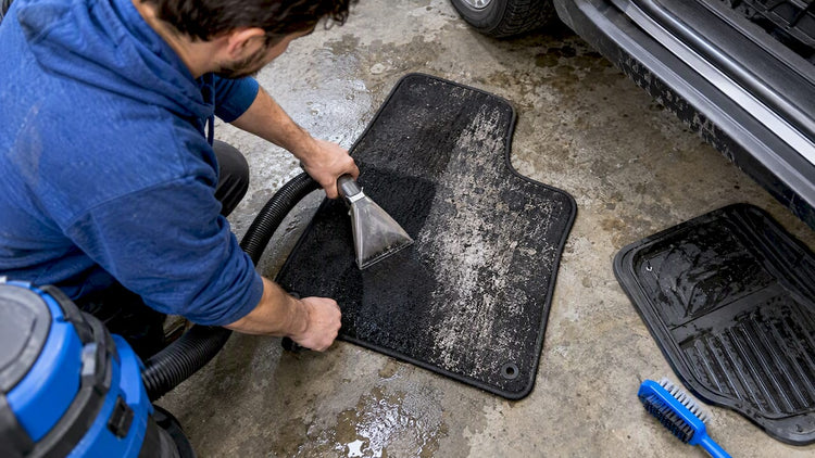 Salt crust being extracted from carpet car mat
