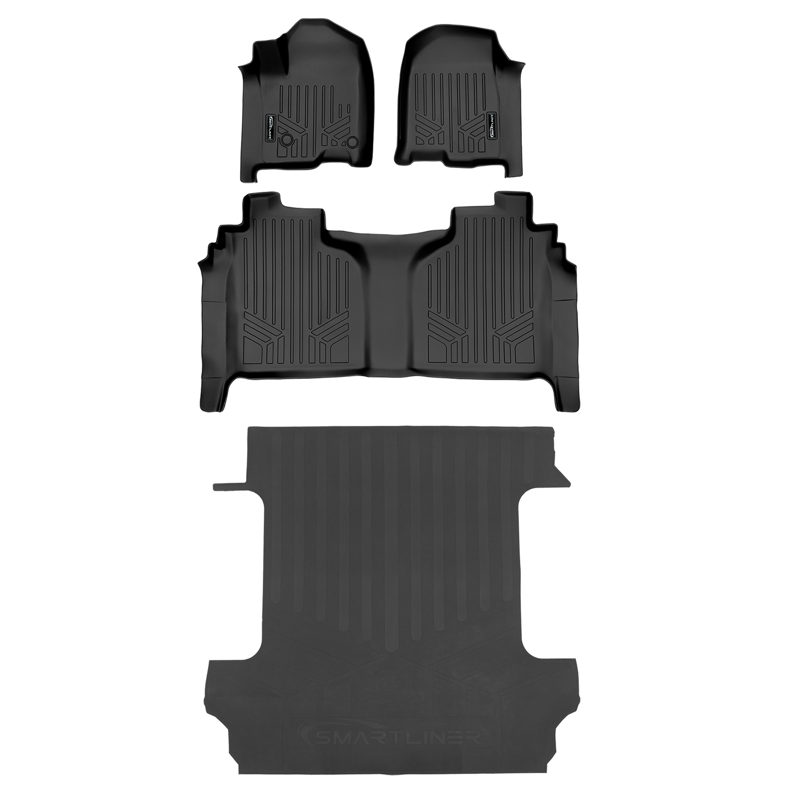 SmartCoverageâ„¢ Custom Fit Floor Liners For 2019-2025 Chevrolet Silverado 1500 Crew Cab With 1st Row Bench Seat (OTH Coverage) and Carpeted Flooring with the 2nd Row Underseat Storage