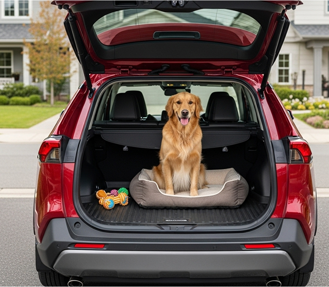 Dog sitting in car cargo area with liner
