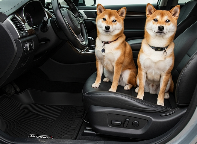 Two dogs sitting in car with floor mats