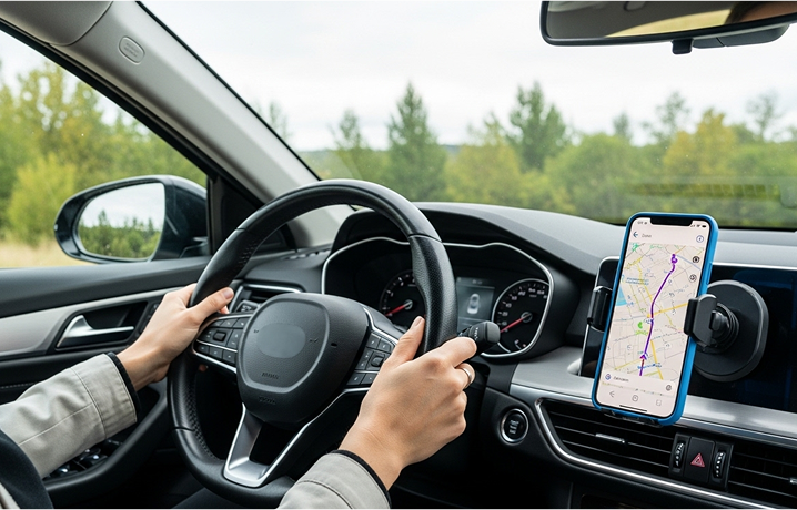 Uber driver using GPS navigation on phone