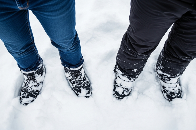 Snow-covered shoes, representing all-weather protection