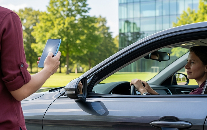 Rideshare driver in car with phone